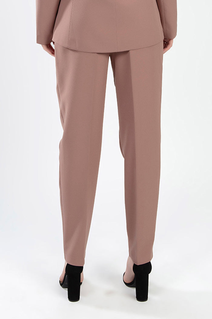 Rear view of the Fiona Pants Set in Wild Mushroom, featuring tailored trousers and a matching blazer.