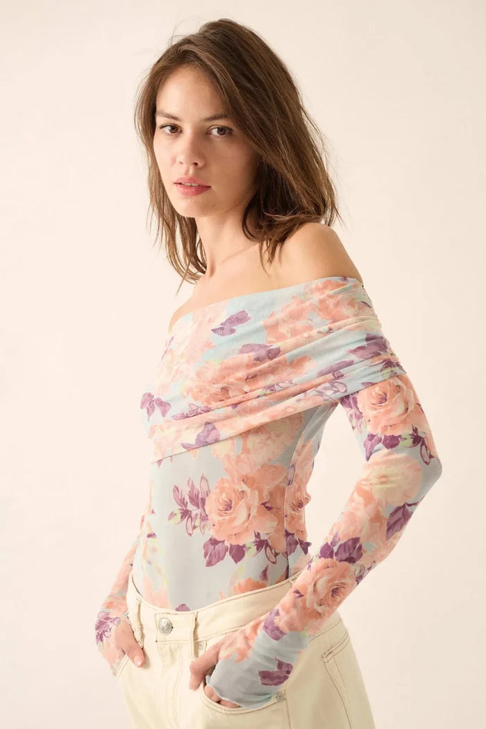 Floral Embrace Floral Mesh Foldover Bodysuit - ShopPromesa
