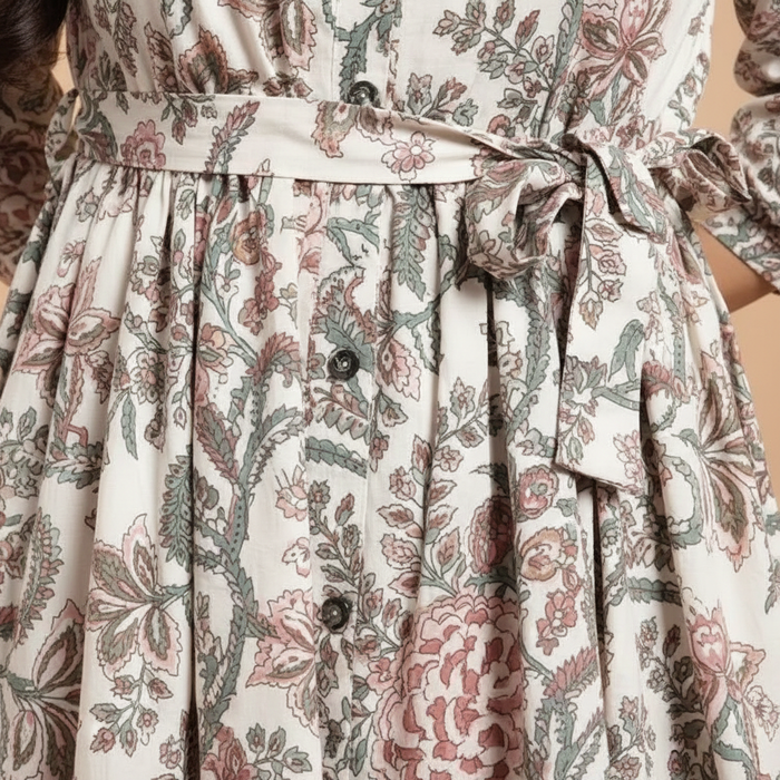 Close-up detail of paisley print and tie-up waist on floral dress