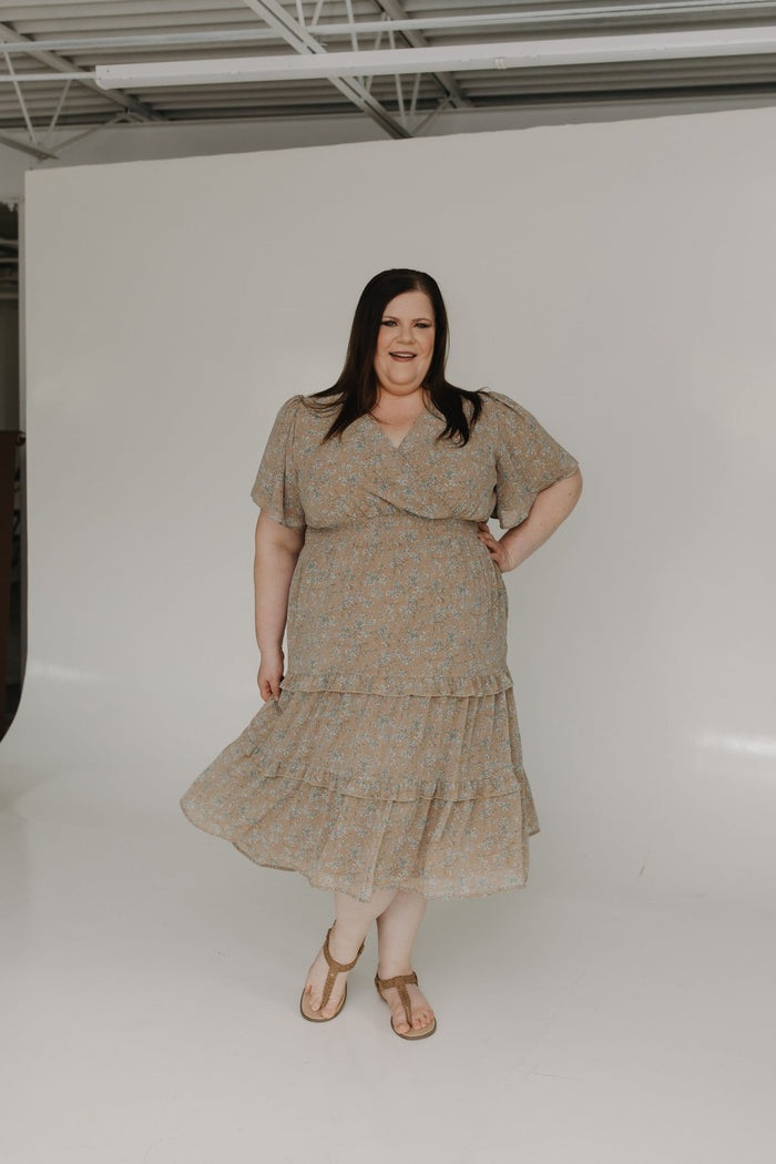FLUTTER SLEEVE FAUX WRAP MIDI DRESS - Love Marlow
