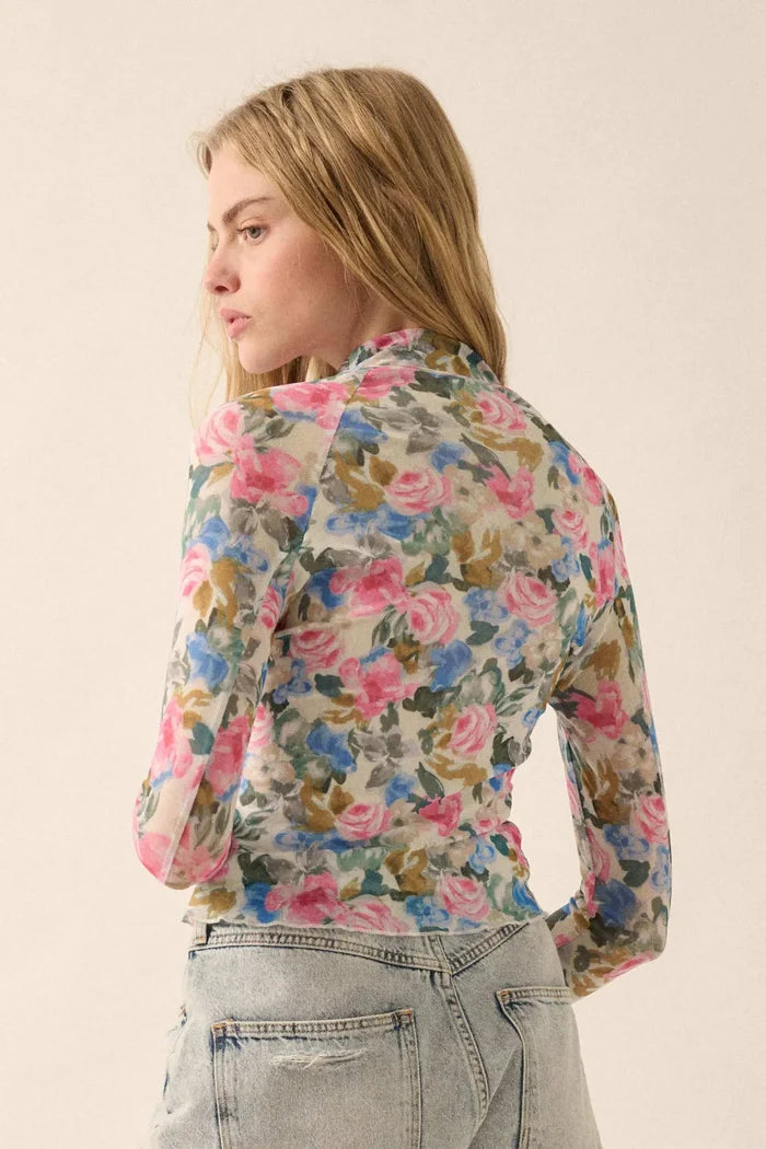Fresh Picked Floral Mesh Mock-Neck Thumbhole Top - ShopPromesa
