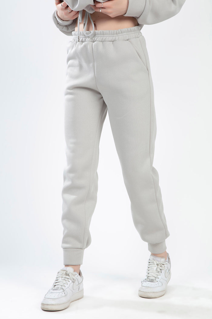 Freya light grey ribbed joggers with drawstring elastic waist from a two-piece loungewear pants set.