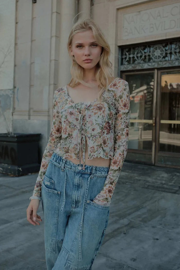 Garden Blossoms Floral Mesh Layered Tie-Front Top - ShopPromesa