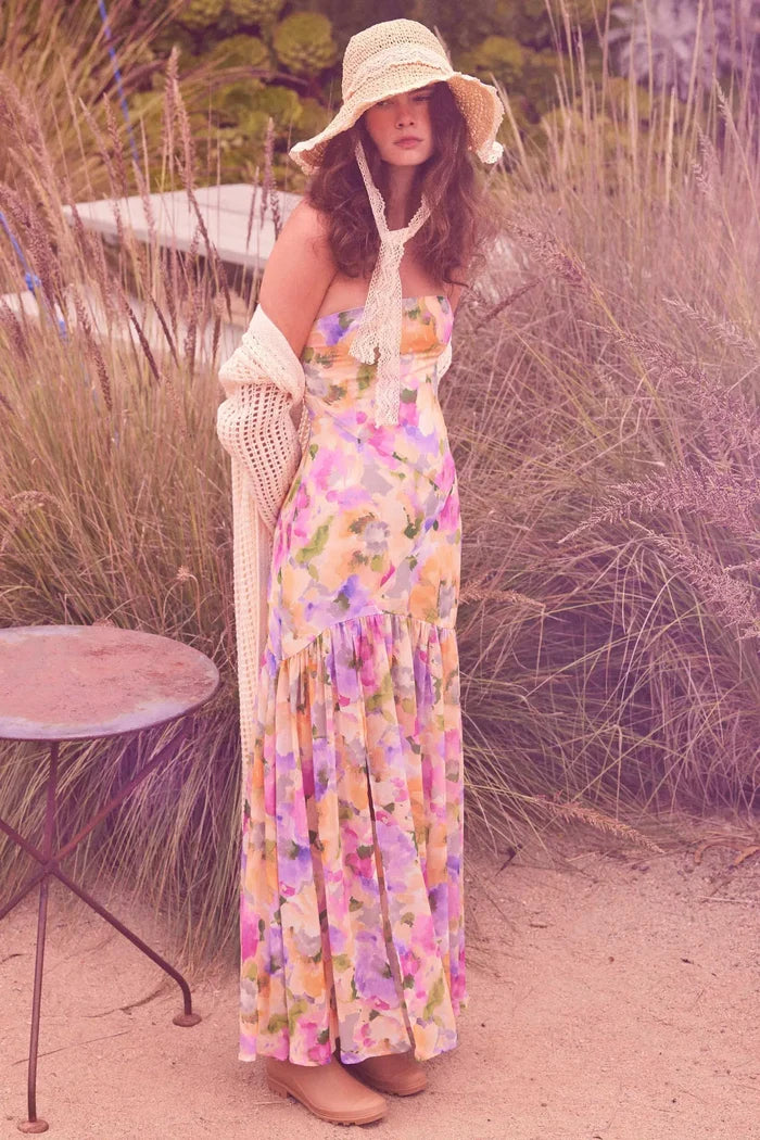 Garden Glow Floral Chiffon Strapless Maxi Dress - ShopPromesa