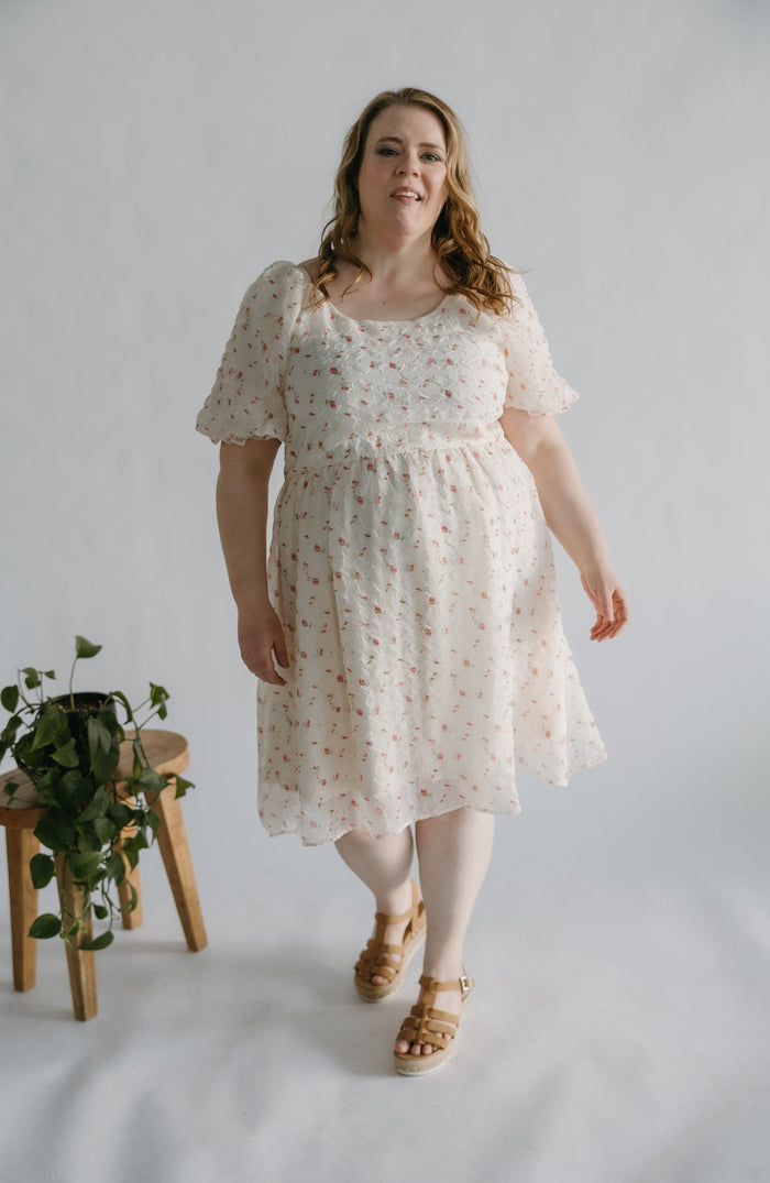 GAUZY KNEE - LENGTH A - LINE DRESS WITH RUFFLE PUFF SLEEVES - Love Marlow