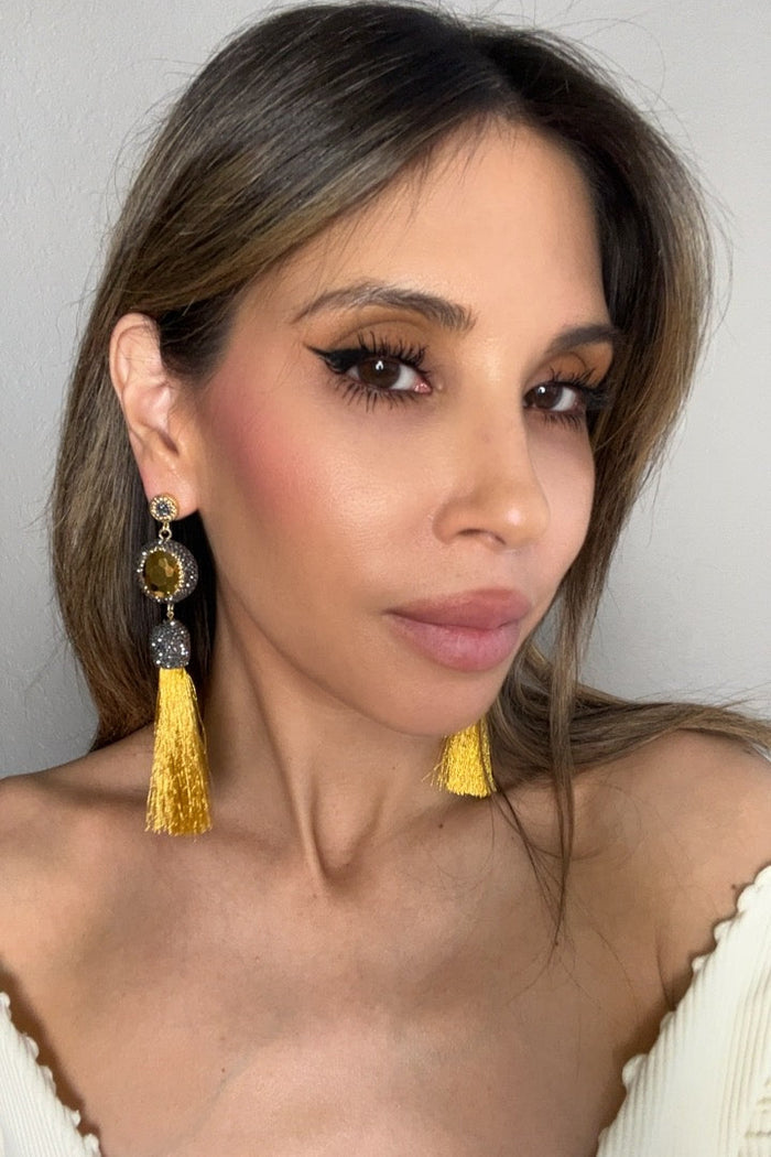Style the Gemstone & Crystal Tassel Earring exclusively at Born To Glam