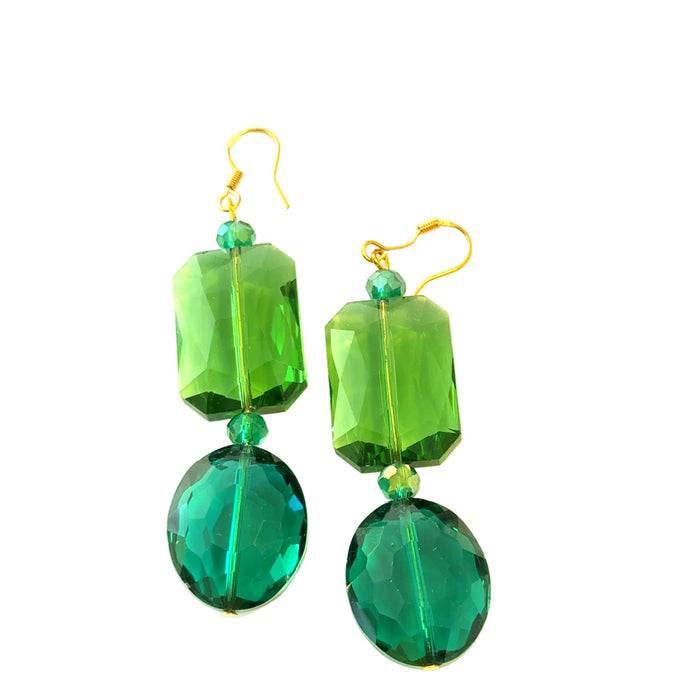 Geometric green crystal drop earrings with vivid faceted crystals, a dangle silhouette, and sterling silver hook posts.