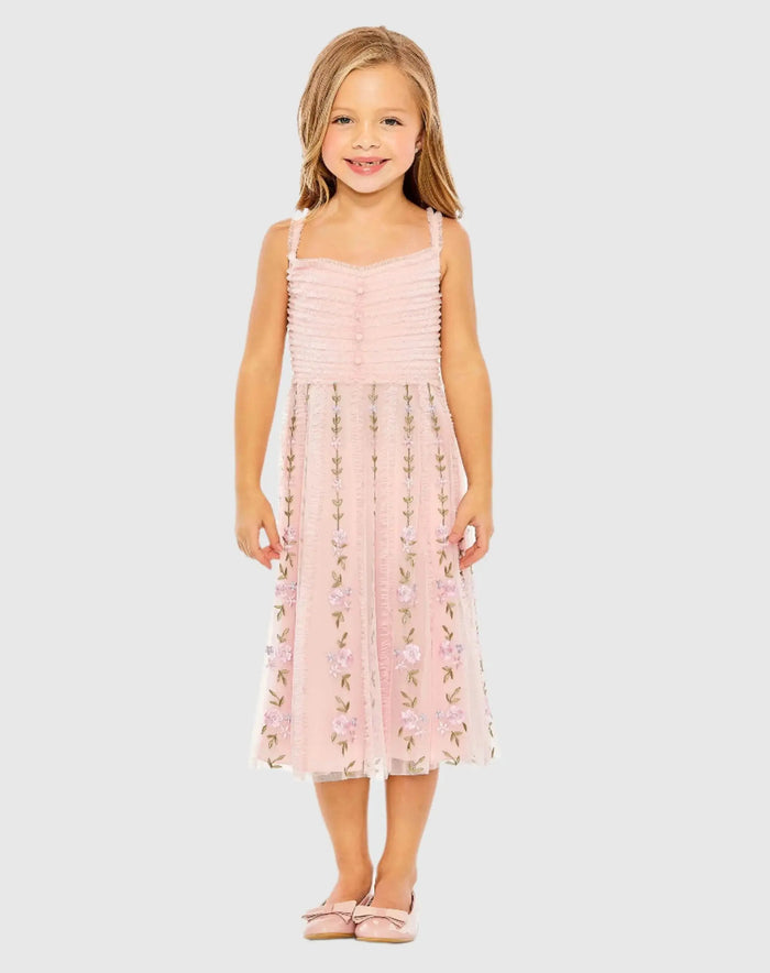 Girls Pink Ruffle Floral Embroidered Detail Mini Dress - Mac Duggal