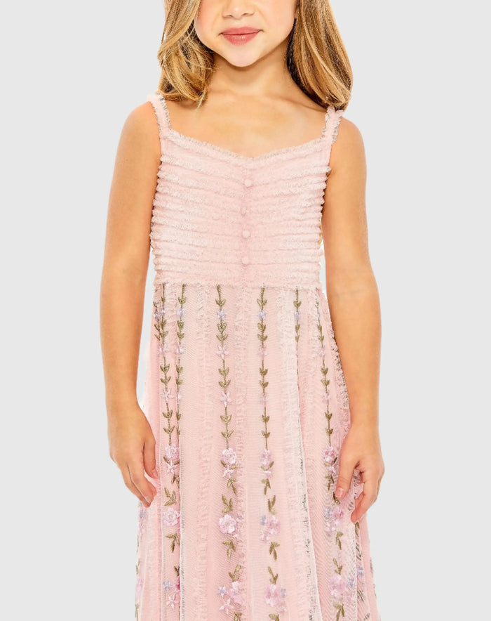 Girls Pink Ruffle Floral Embroidered Detail Mini Dress - Mac Duggal