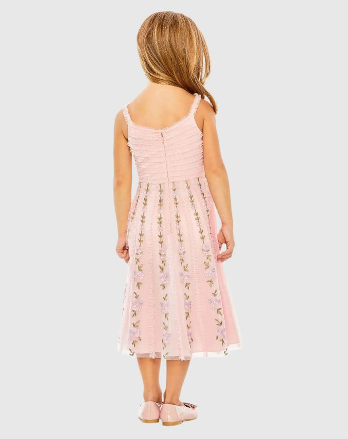Girls Pink Ruffle Floral Embroidered Detail Mini Dress - Mac Duggal