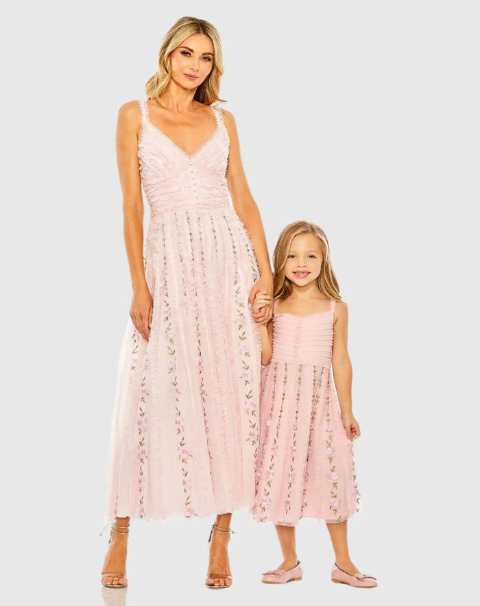 Girls Pink Ruffle Floral Embroidered Detail Mini Dress - Mac Duggal