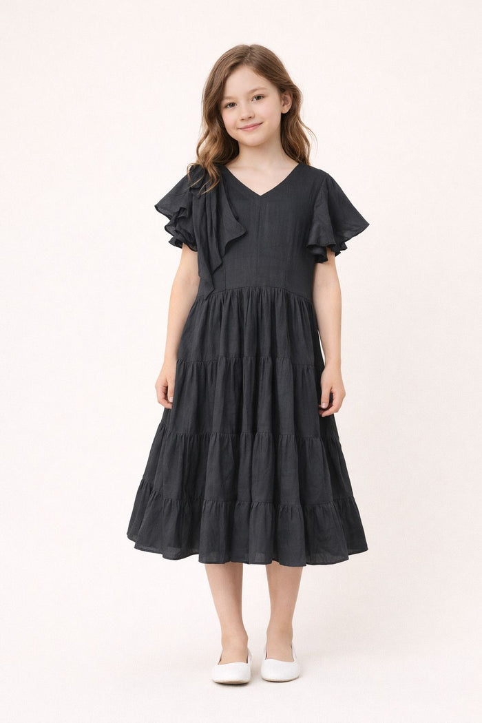 Girls ruffle sleeve tie-neck tiered  black dress