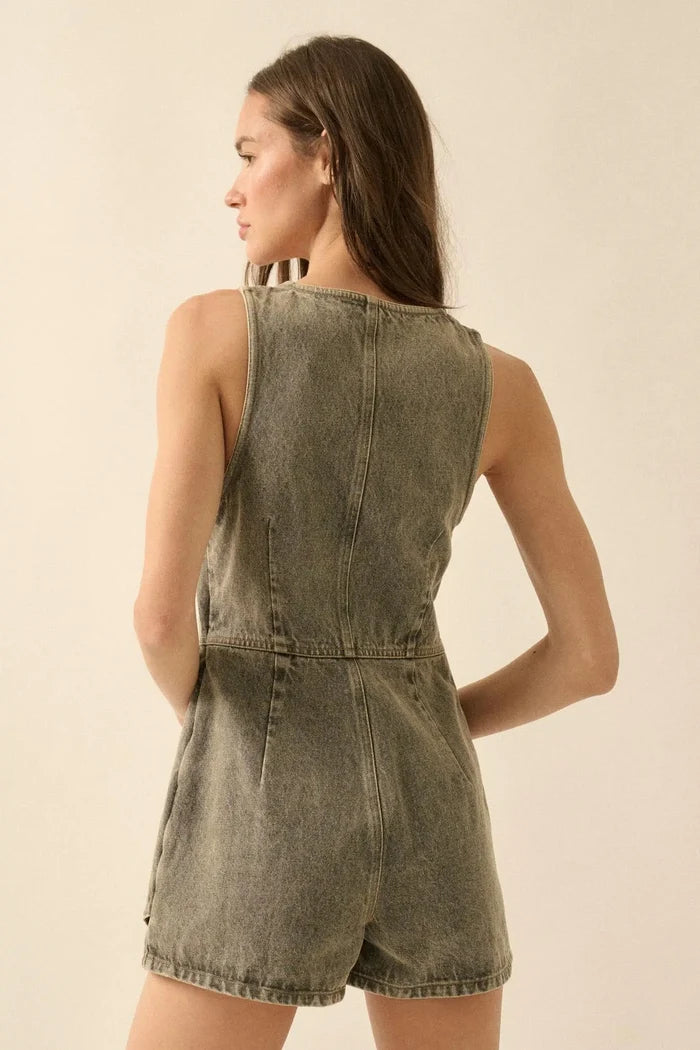 Glory Days Sleeveless Denim Vest Romper - ShopPromesa