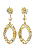 Gold-tone statement earrings with a floral crystal stud and elongated iridescent crystal marquise drop.