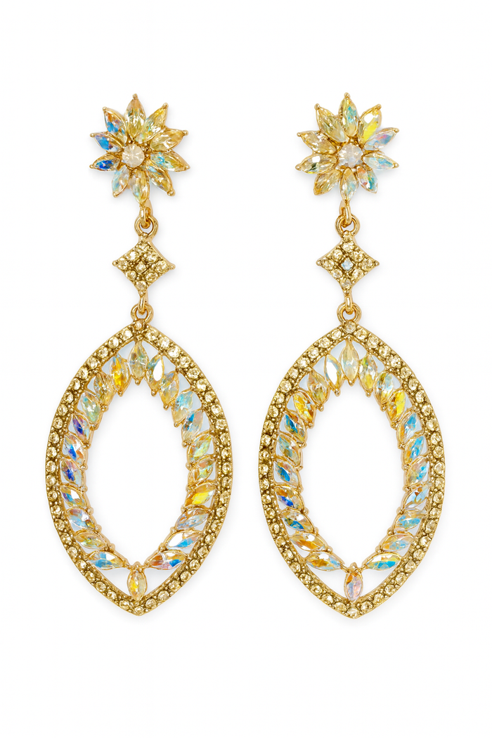 Gold-tone statement earrings with a floral crystal stud and elongated iridescent crystal marquise drop.