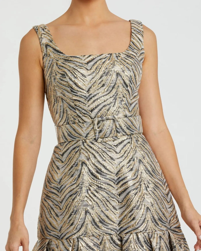 Gold Metallic Jacquard Gown with Square Neckline and Box Pleats - Ieena for Mac Duggal