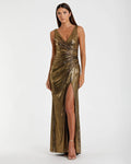 Gold Metallic Ruched Front Slip V-Neck Gown - Mac Duggal