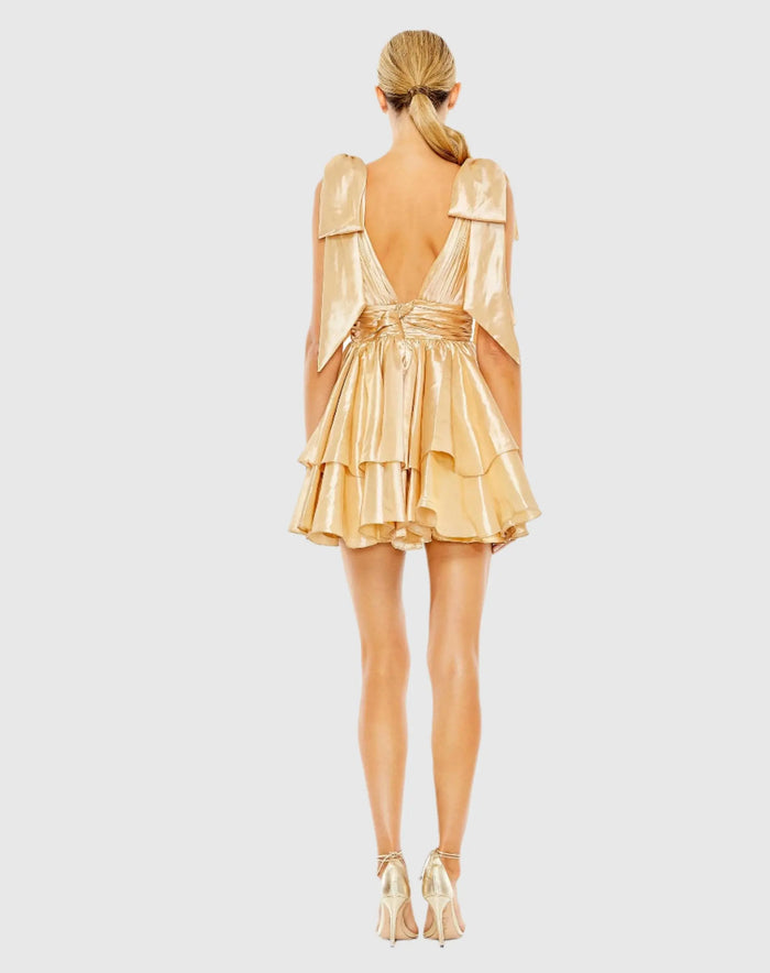 Gold Oversized Bow Deep V Ruffle Mini Dress - Mac Duggal