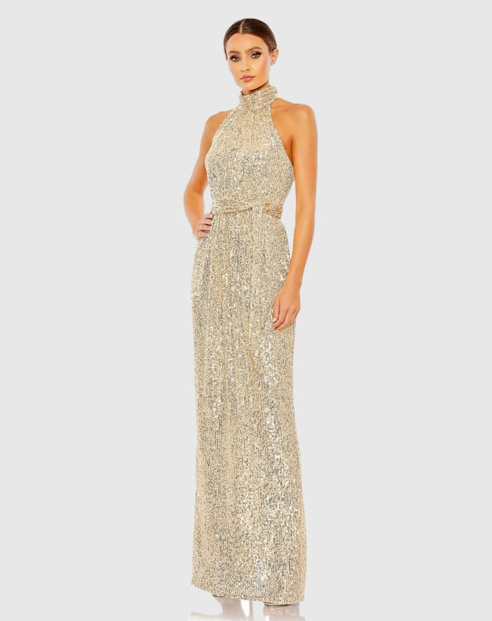 Gold Sequin Halter Neck Column Gown with Tie Belt - Ieena for Mac Duggal