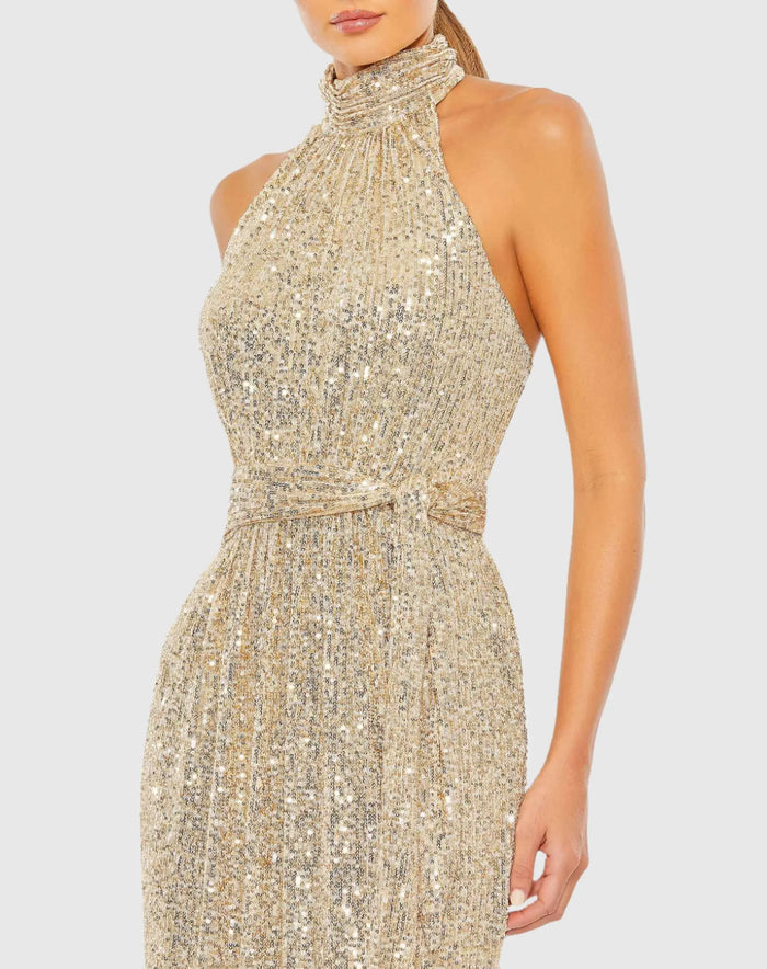 Gold Sequin Halter Neck Column Gown with Tie Belt - Ieena for Mac Duggal