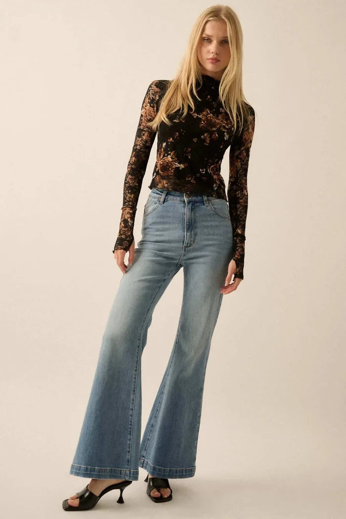 Golden Glow Floral-Print Lace Mock-Neck Top - ShopPromesa