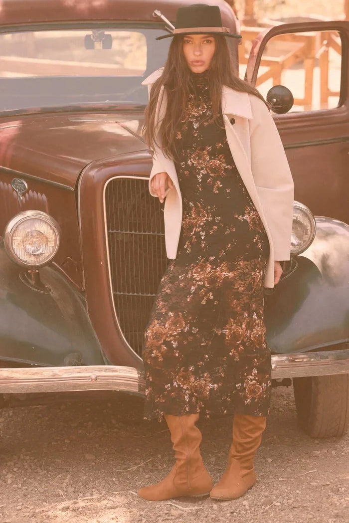Golden Hour Floral-Print Lace Mock-Neck Dress - ShopPromesa