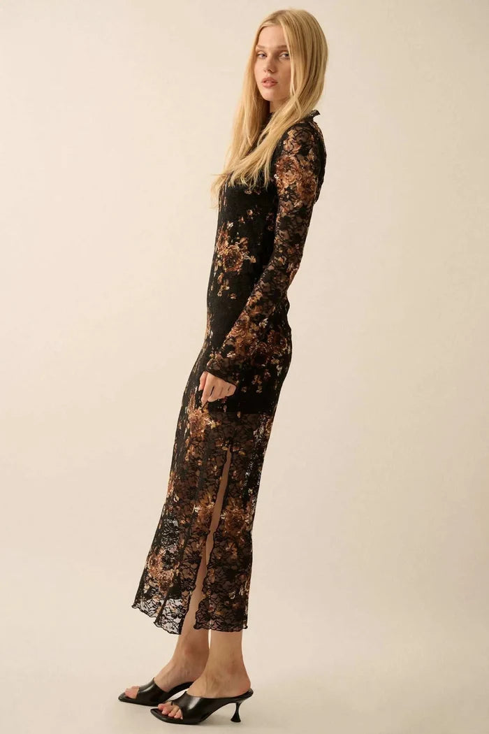 Golden Hour Floral-Print Lace Mock-Neck Dress - ShopPromesa