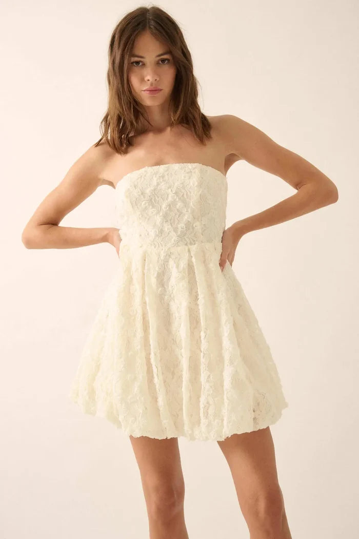 Grace Note Floral Lace Strapless Bubble Mini Dress - ShopPromesa