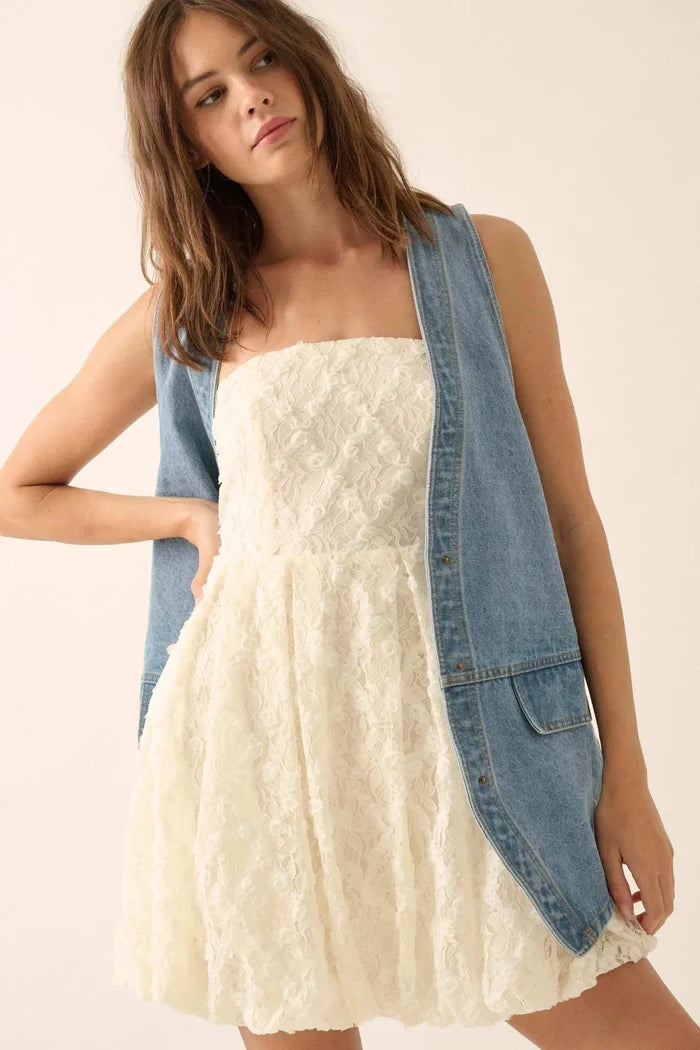 Grace Note Floral Lace Strapless Bubble Mini Dress - ShopPromesa
