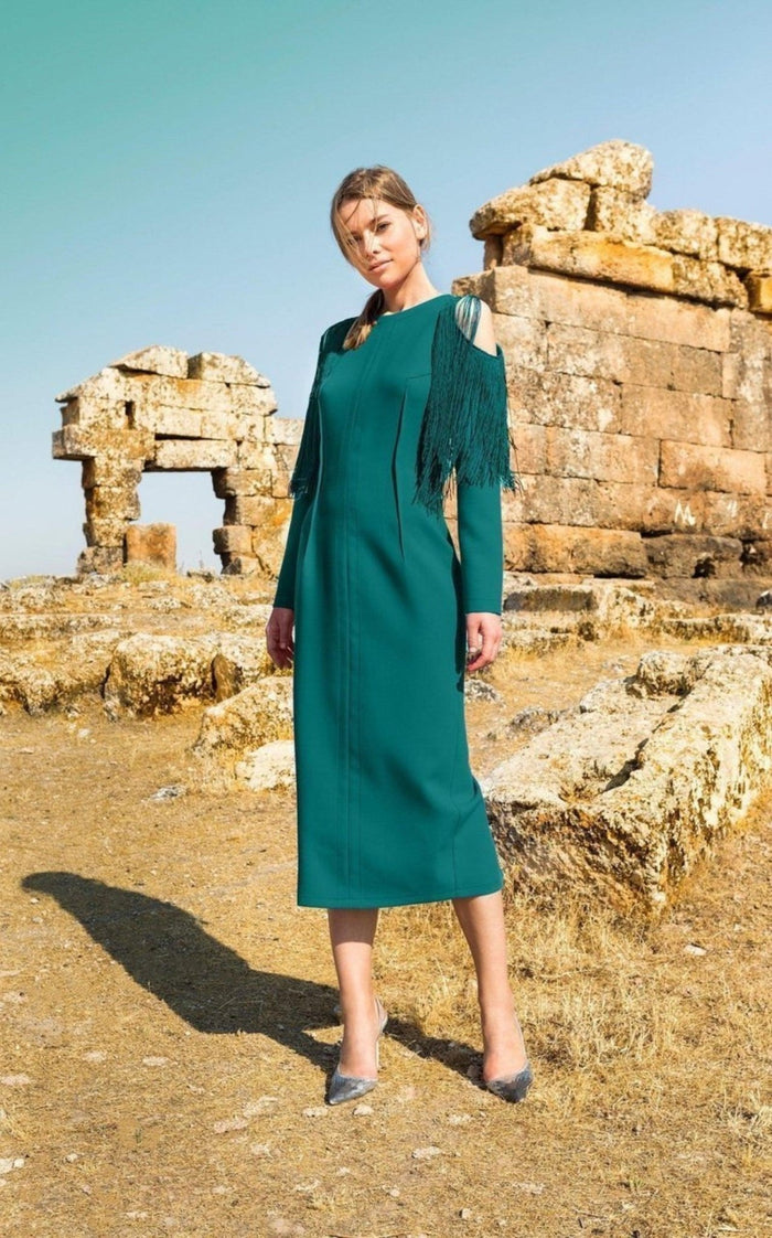 Cult Moda Green Cold Shoulder Fringe Dress - Runway Catalog
