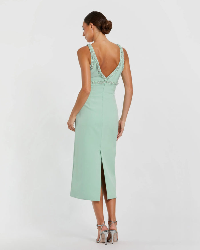 Green Crepe Fitted Midi Dress With Bow And Beaded Trim Ieena for Mac Duggal