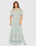 Green Embellished Flutter Sleeve Ruffle Tiered Gown - Mac Duggal