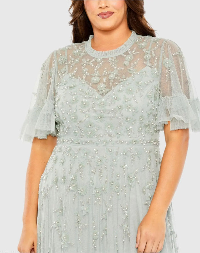 Green Embellished Flutter Sleeve Ruffle Tiered Gown - Mac Duggal