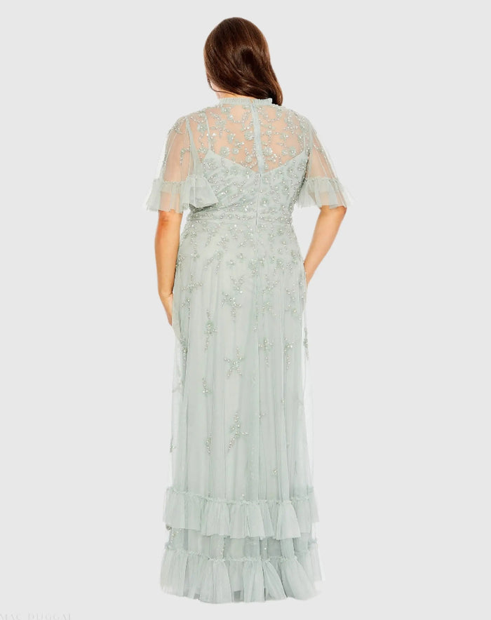 Green Embellished Flutter Sleeve Ruffle Tiered Gown - Mac Duggal