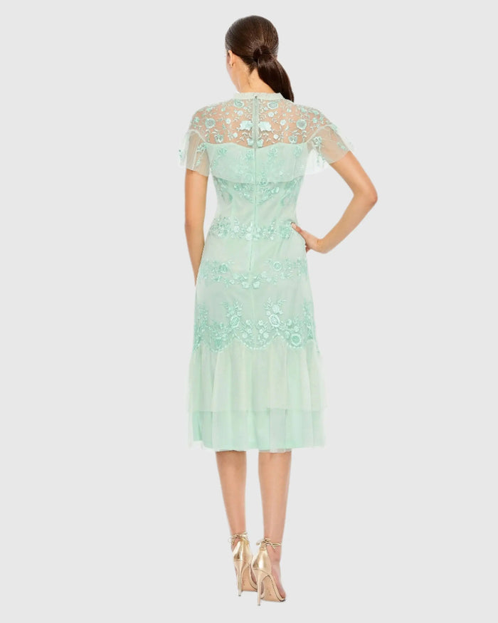 Embroidered Ruffled Cap Sleeve Midi Dress - Mac Duggal