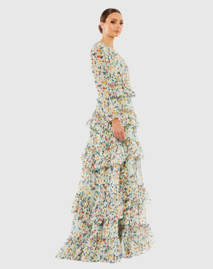 Green Floral Printed Tiered Ruffle Long Sleeve Gown - Mac Duggal