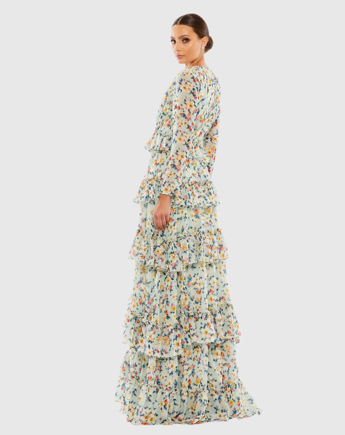 Green Floral Printed Tiered Ruffle Long Sleeve Gown - Mac Duggal