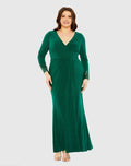 Green Long Crystal Detail Sleeve V Neck Gown - Mac Duggal