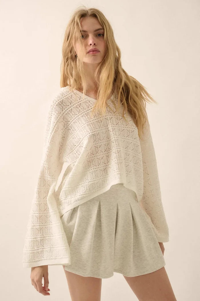Hang Loose Pointelle Crochet-Knit Hoodie Sweater - ShopPromesa