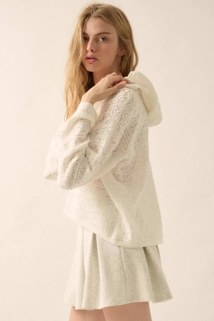 Hang Loose Pointelle Crochet-Knit Hoodie Sweater - ShopPromesa