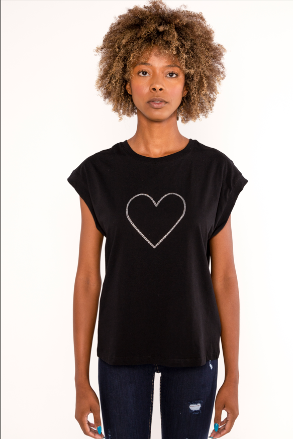 Front view of a model wearing a trendy black heart top with a rhinestone heart outline and cap sleeves.