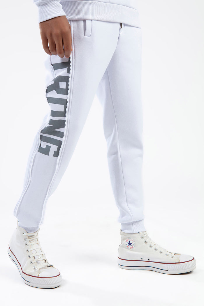 Close-up of white Ian Matching Pants Set featuring side leg zipper with TRONG graphic, relaxed fit, and ribbed cuffs.