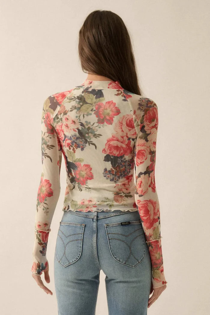 In Bloom Floral Mesh Mock-Neck Thumbhole Top - ShopPromesa