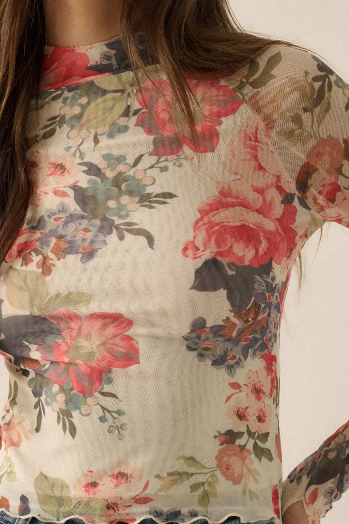 In Bloom Floral Mesh Mock-Neck Thumbhole Top - ShopPromesa