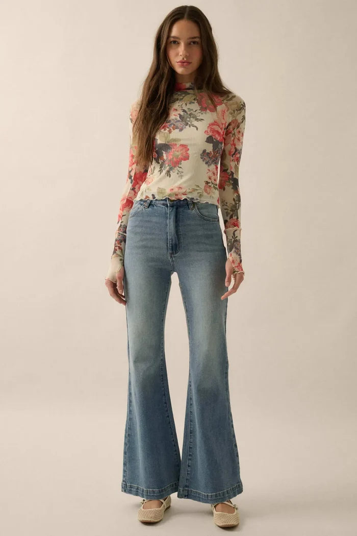 In Bloom Floral Mesh Mock-Neck Thumbhole Top - ShopPromesa