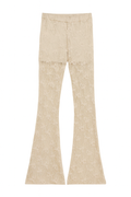 Ivory floral lace flare pants featuring a sheer floral overlay and dramatic flared leg silhouette.