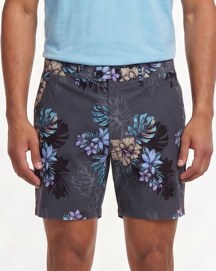 JOHN EXOTIC FLORAL BLACK MENS FLAT FRONT SHORT