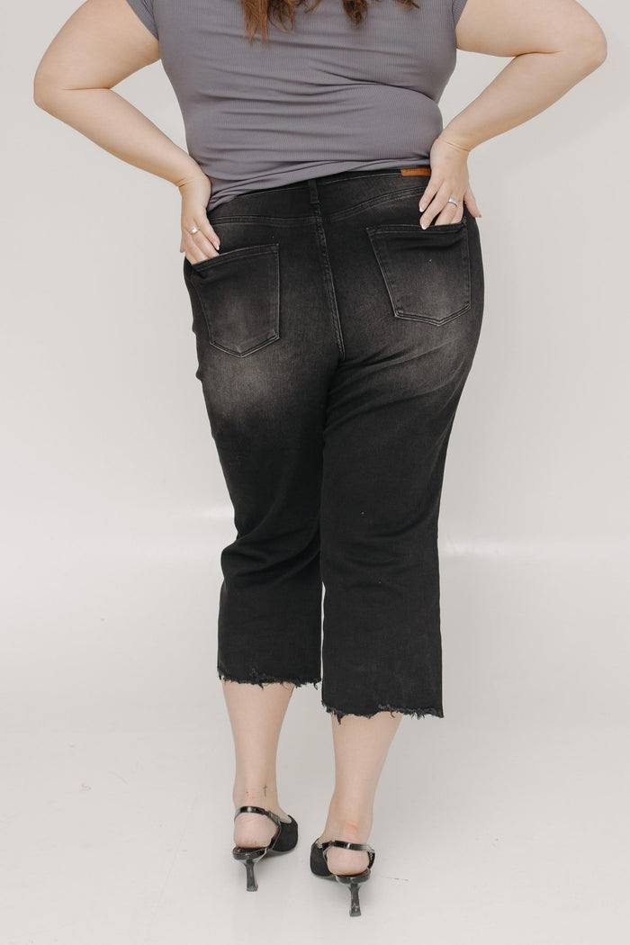 JUDY BLUE HIGH WAIST BUTTON FLY RAW HEM CROPPED WIDE LEG IN WASHED BLACK - Love Marlow
