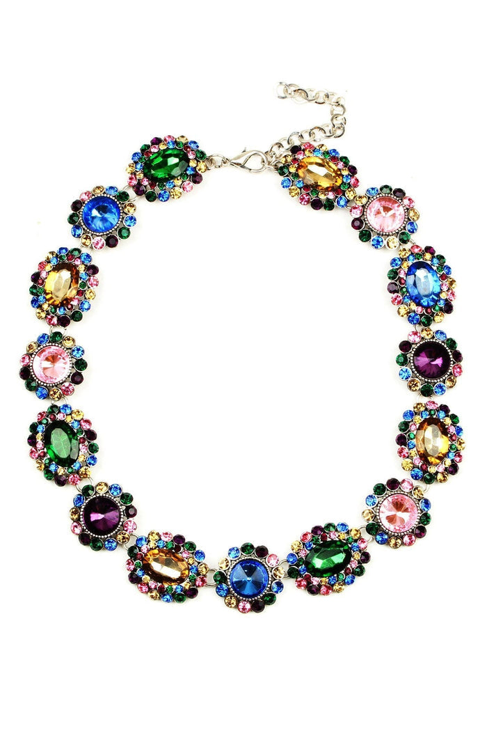 Juliet Multi Color Necklace featuring faceted glass crystal stones in a bold linked statement design.