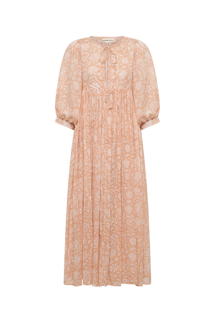 Daughters of India Kyra Midi Dress in Apricot Blush — flat lay showing neckline tie, billowed sleeves, hand screen print cotton